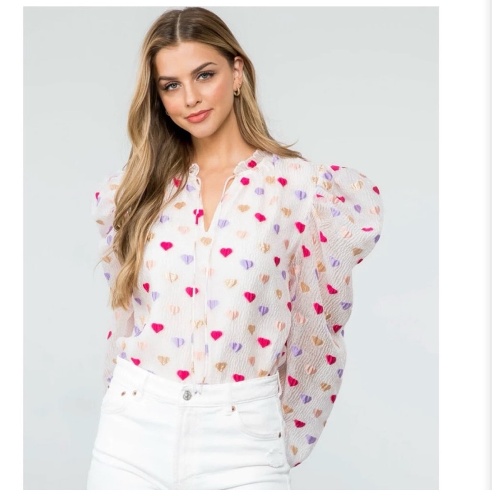THML Colorful Heart Puff Sleeve Tie Front Top